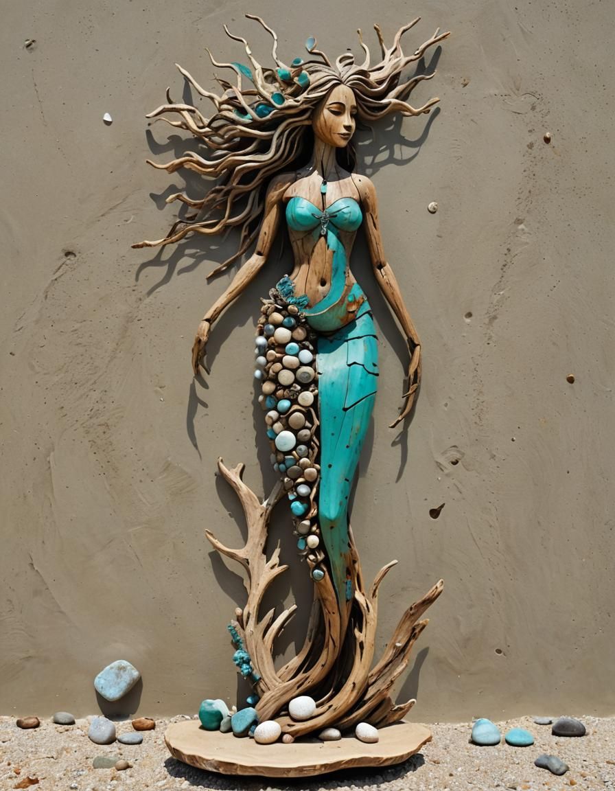 Driftwood Mermaid Sculpture on a Beach