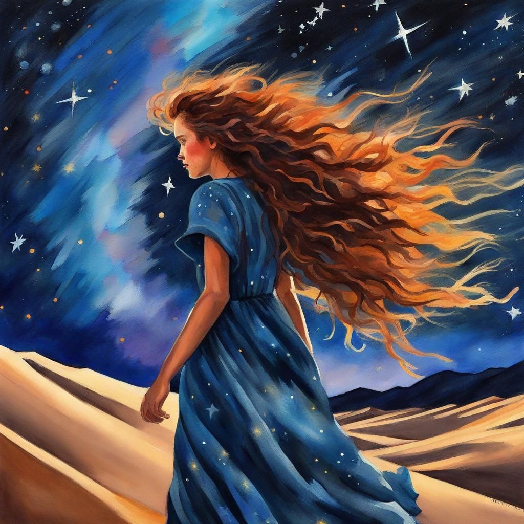 Long Auburn Curly Haired 
Girl, Wind Blown Dress, Great Sand Dunes, Streaking Cloud Formation, Vibrant Starry Night Sky