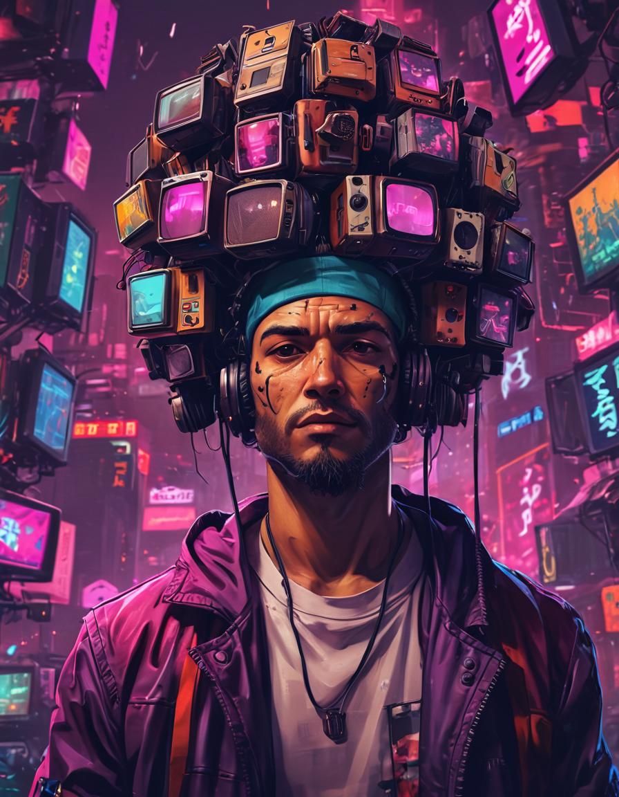 Man with TVs on Head, Cyberpunk Digital Art