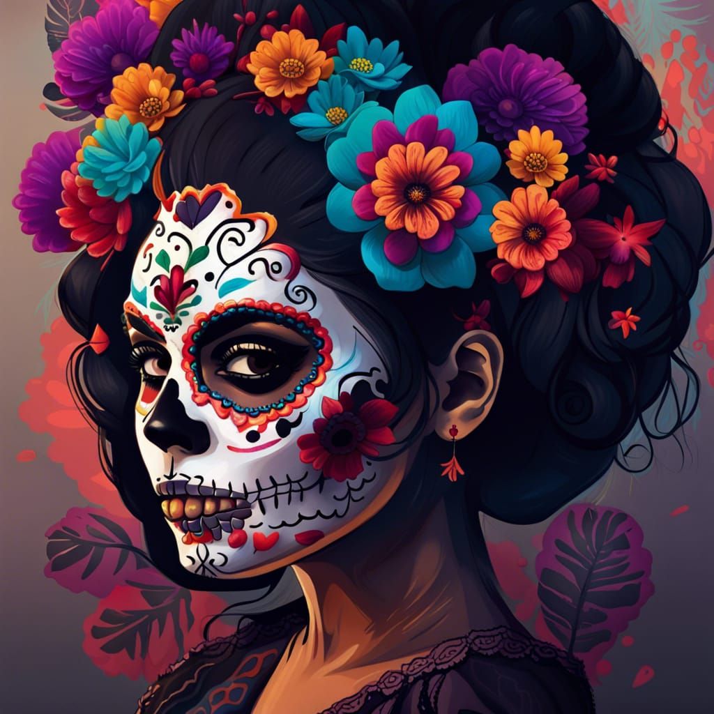 a Maxican woman with a sugar skull makeup and flowers in her hair, inspired by festive Maxican tradition .