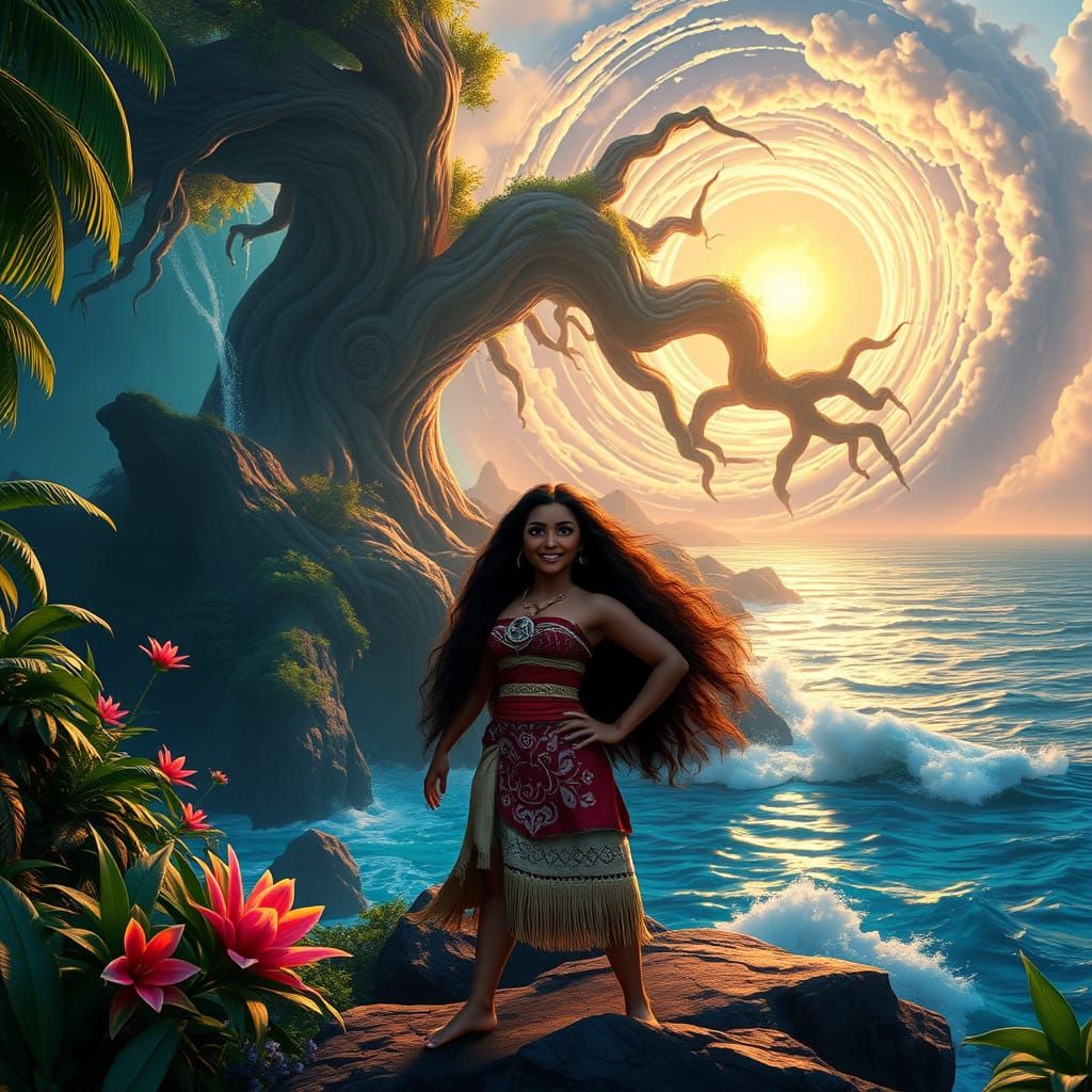 Moana Heroically Stands at Lush Island Paradise, Surrounded...