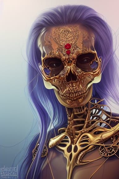 Iridescent Metal Skeleton with Gems and Golden Necklace