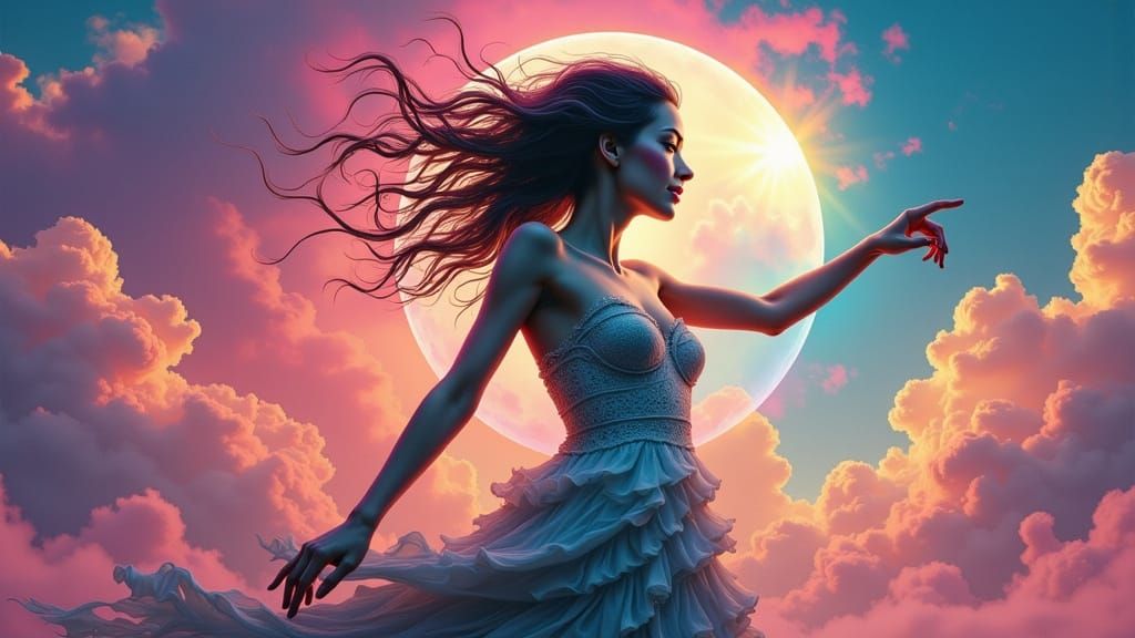 Elegant Woman Dancing Under a Rainbow in Surreal 3D