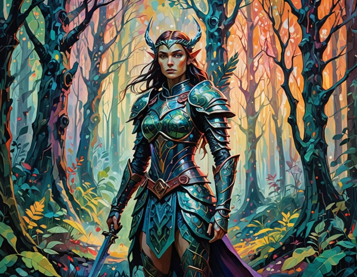 Enchanted Elf Warrior in Fauvist Abstract Forest