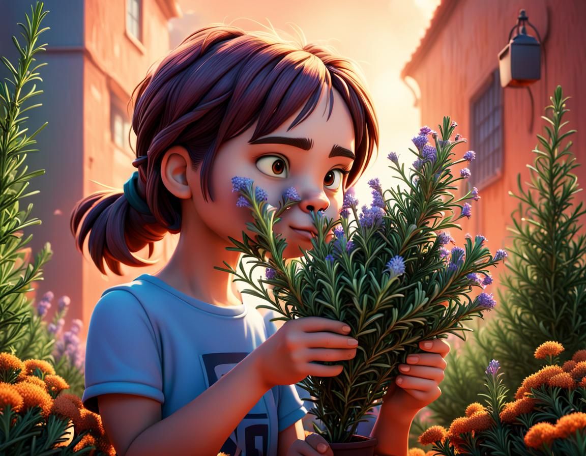 Girl Smelling Rosemary Bush in Pixar-Style 3D Art