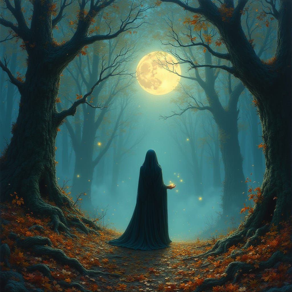 Mystical Sorceress in Primeval Forest at Twilight