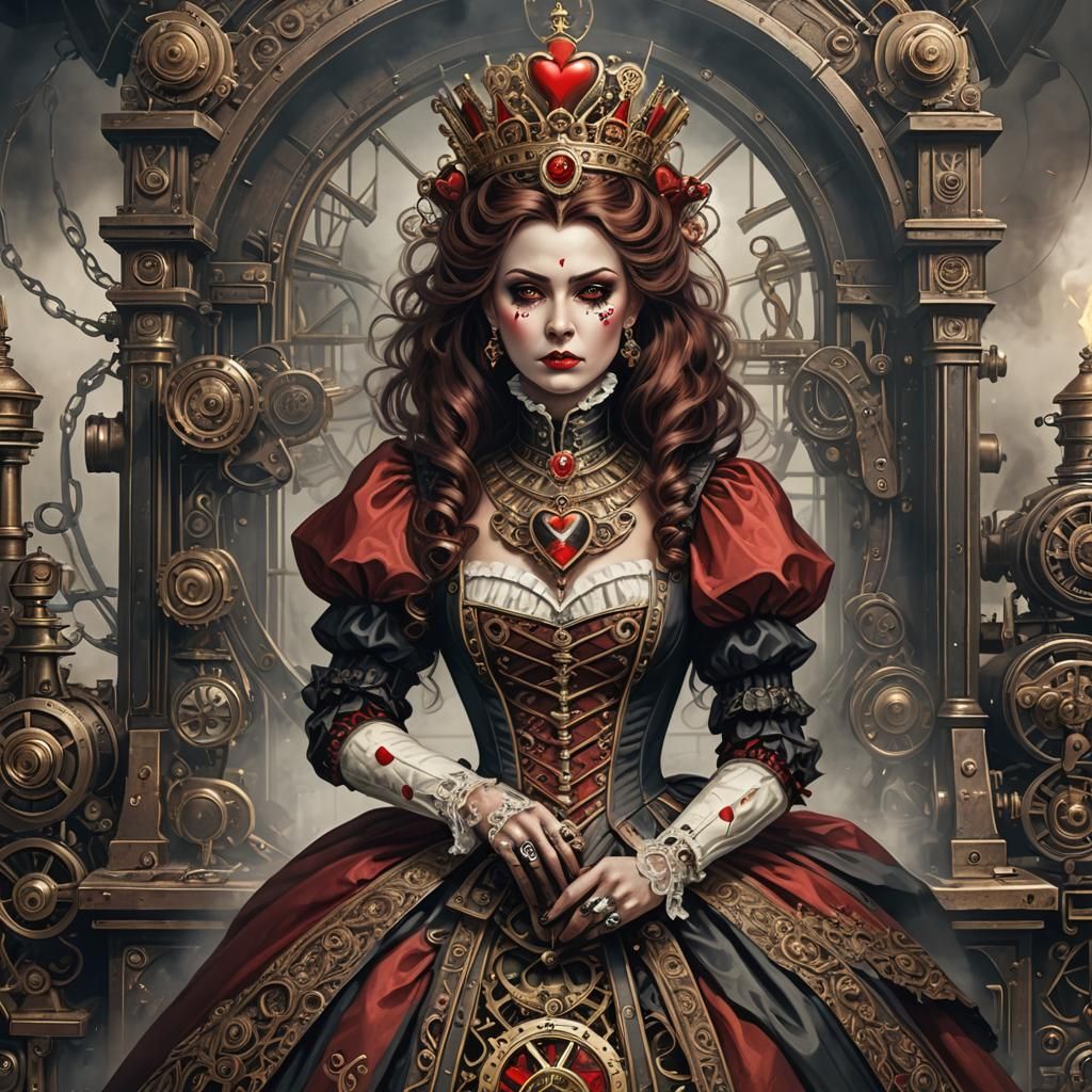 Steampunk Victorian Queen of Hearts with Guillotine