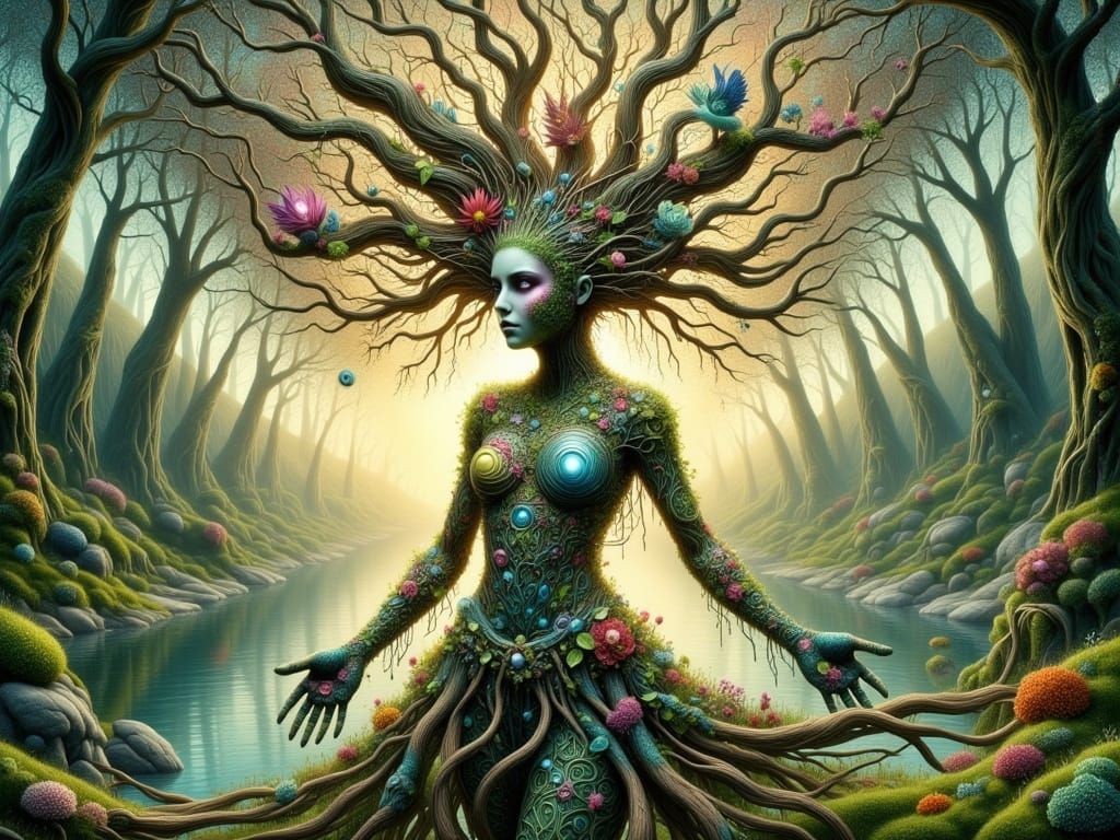Ethereal Tree Goddess on a Riverbank