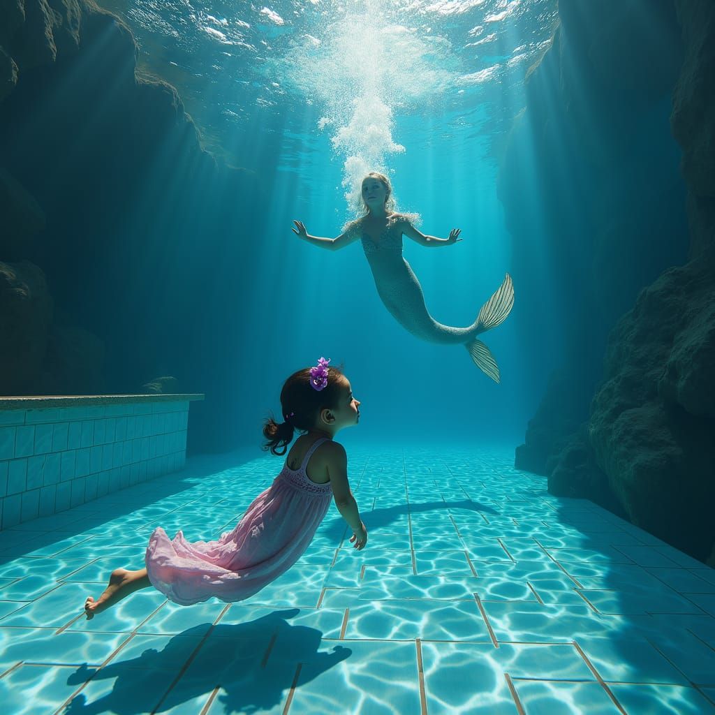 Girl Swimming Underwater with Mermaid in Matte Painting