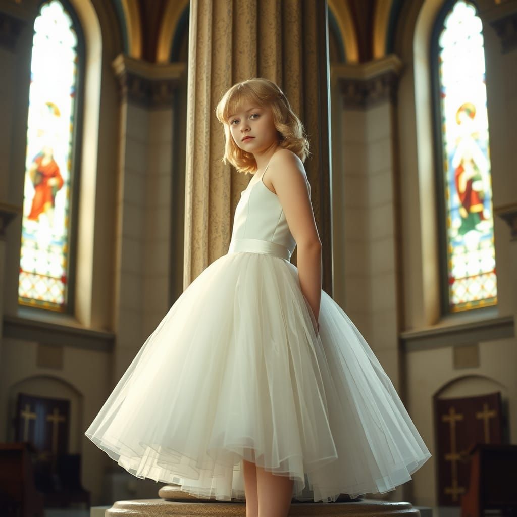 Boy in Dress Behind Church Column, Cinematic Style