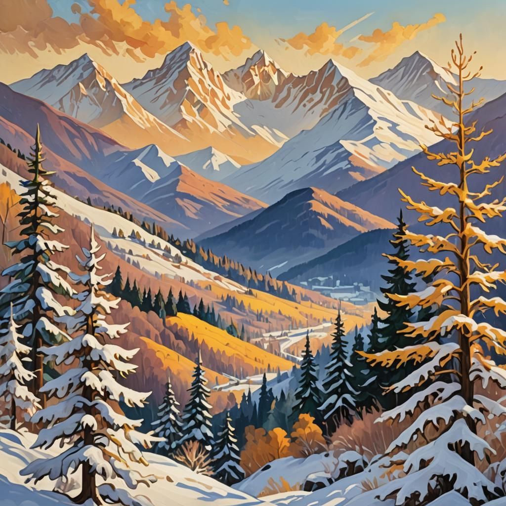 Snowy Peaks in Mystical Forest: Impressionist Oil Painting