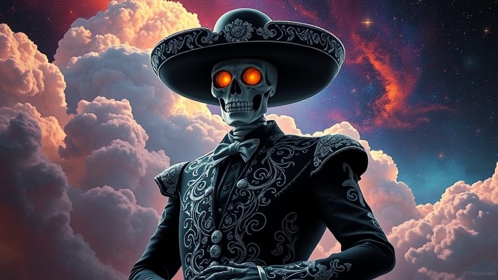 Gothic El Catrin in Cosmic Dia de los Muertos Illustration