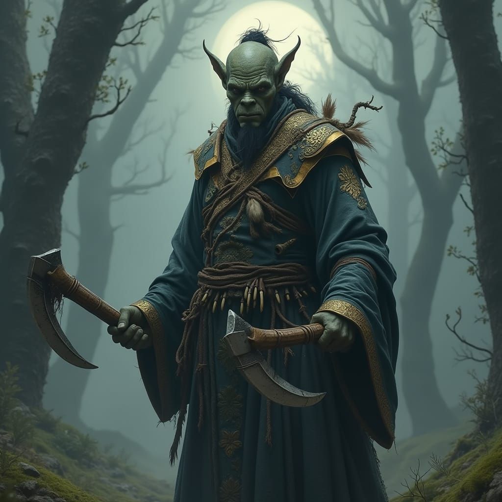 Serene Shadow Monk in Moonlit Forest