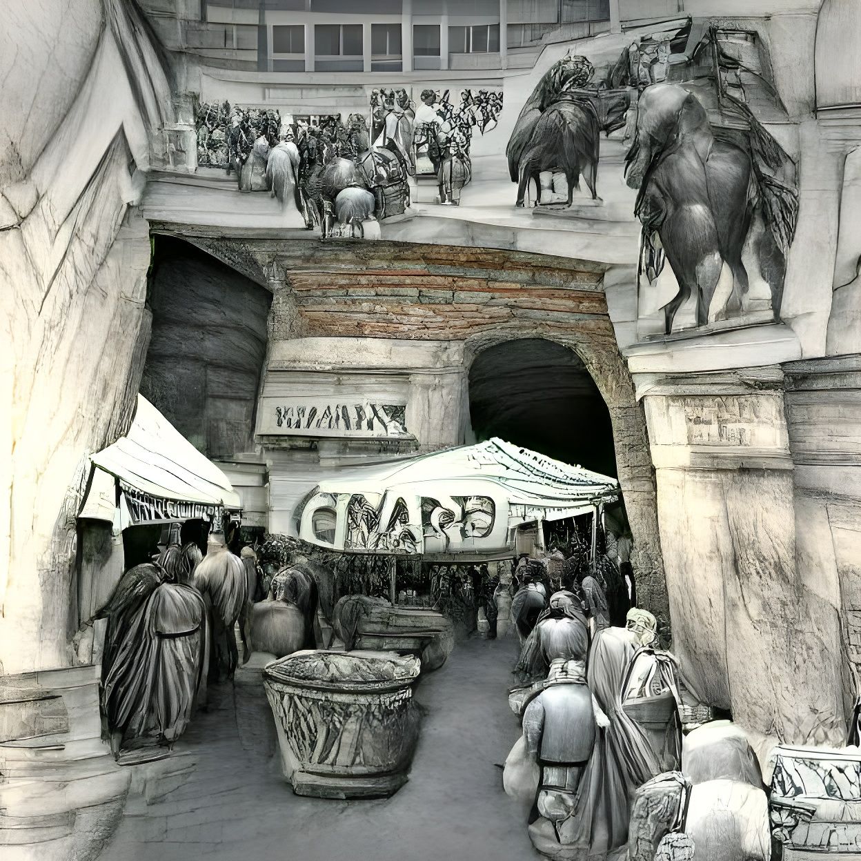 Grand Entrance to a Roman Market Charcoal Drawing