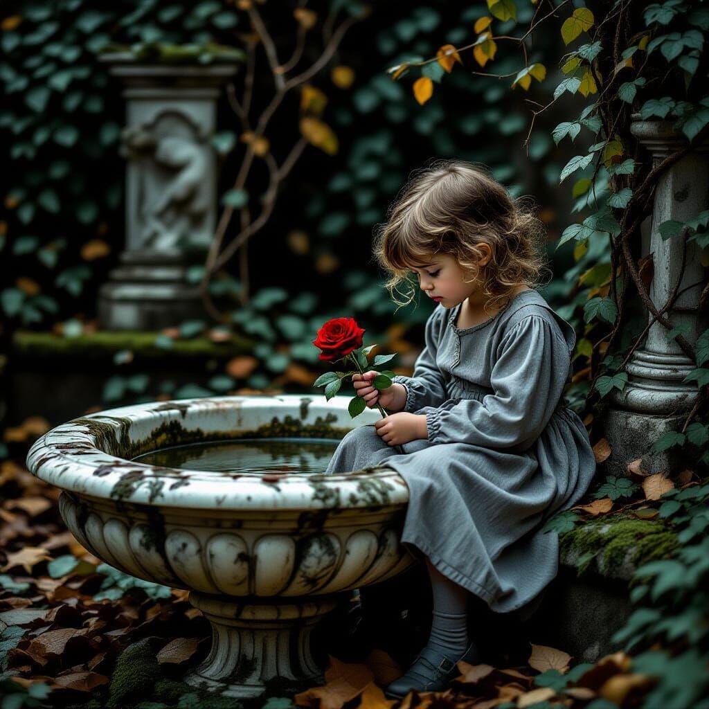 Melancholic Child Gazes at Wilted Rose in Forgotten Garden