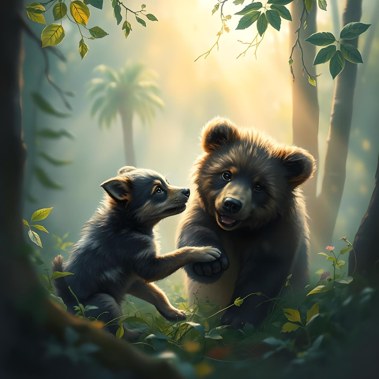 Wolf Puppy and Bear Cub Play as Digital Art