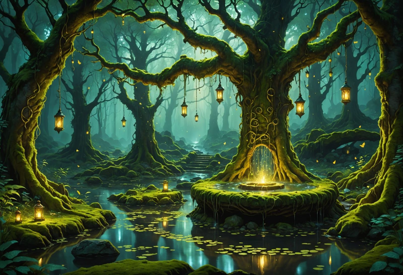 Enchanted Forest Well with Ethereal Light and Magic Mist