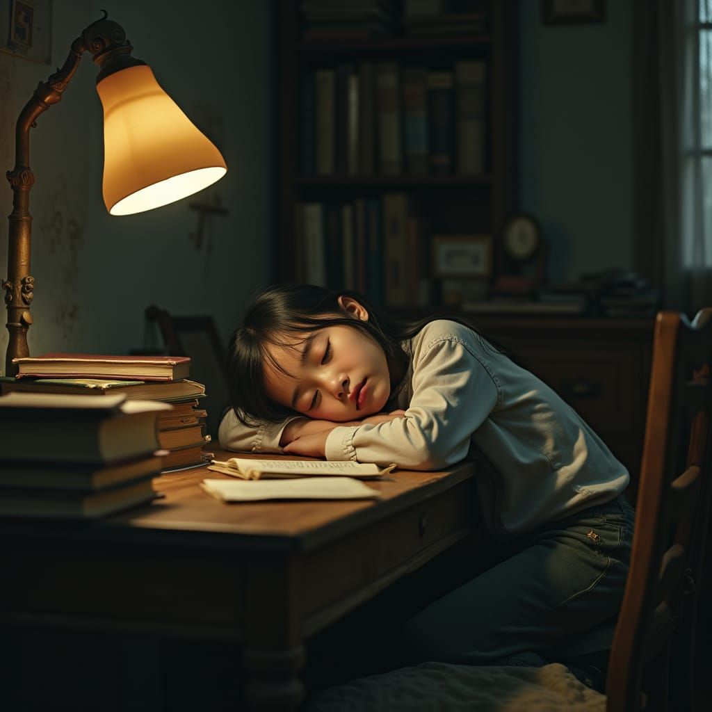 Girl Sleeping at Desk in Somber Atmosphere