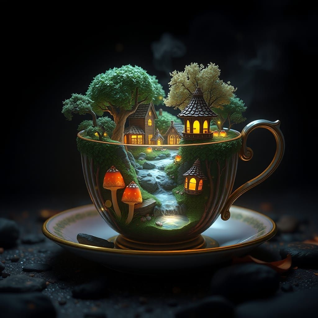 Enchanted Forest Village Inside a Teacup