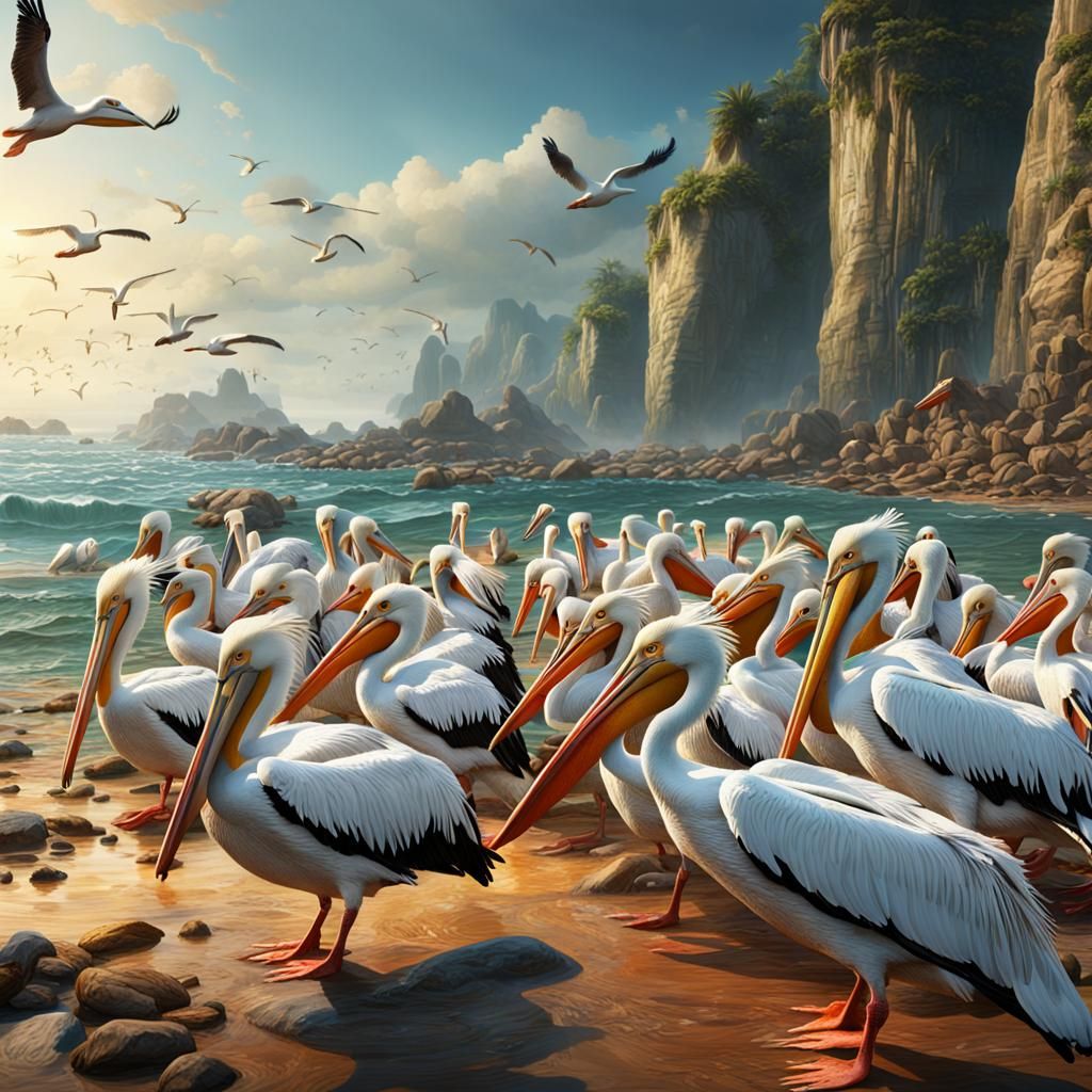 Pelicans on the Shore: Fantastical Digital Painting
