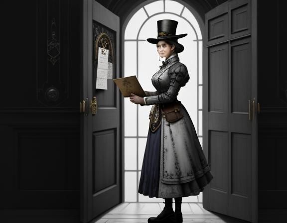 Steampunk Woman in Doorway: Beatrix Potter Style