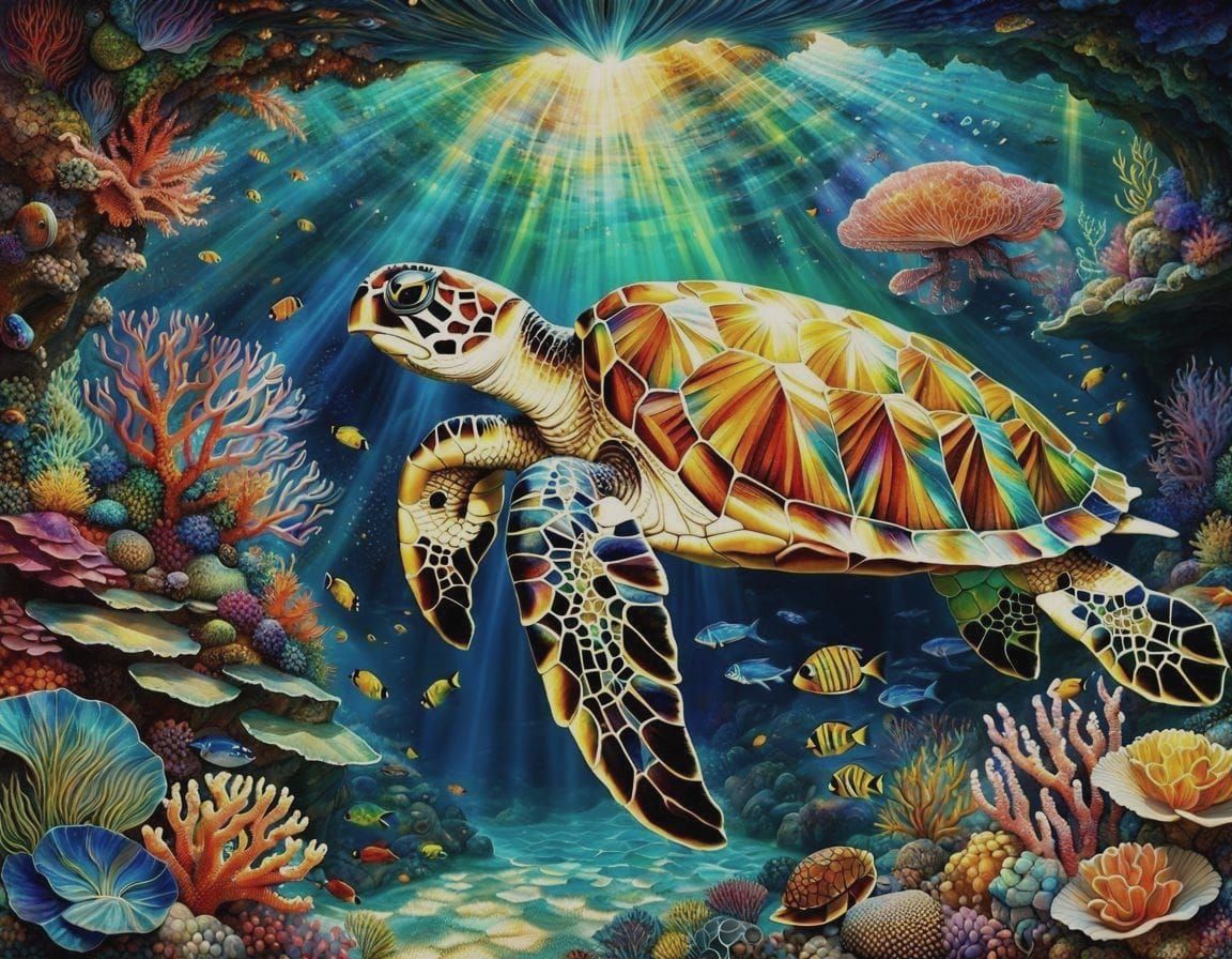 Colorful Mosaic Coral Reef with Sea Turtle
