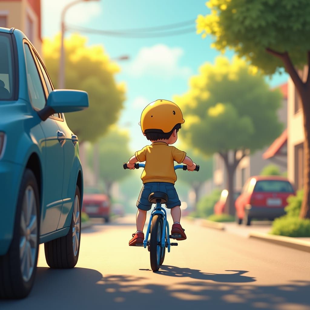 Child Learns to Ride Bike in Anime Style