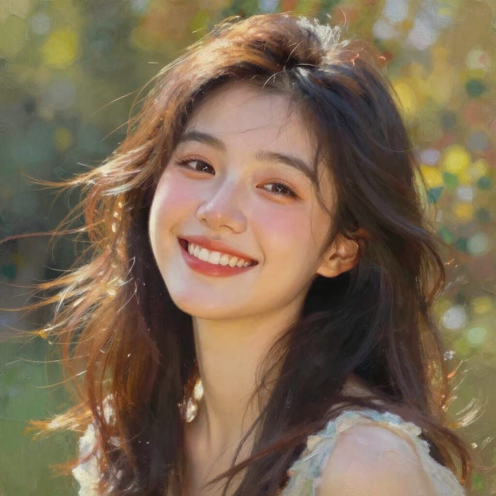 Joyful Woman Portrait in Impressionistic Oil Style