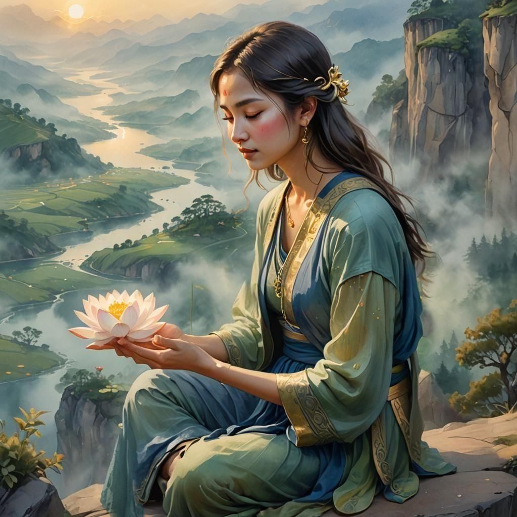 Serene Woman with Lotus Flower Overlooking Misty Valley