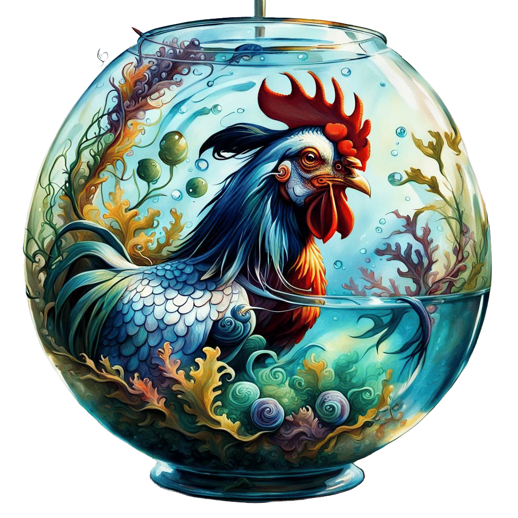 Seaweed, Rooster, and Dolphin in Fishbowl
