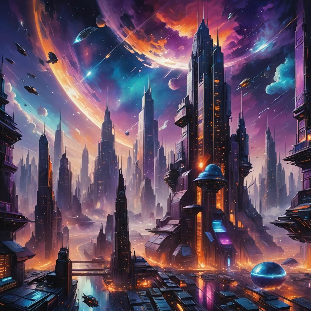 Sci-Fi City in Space with Spaceships