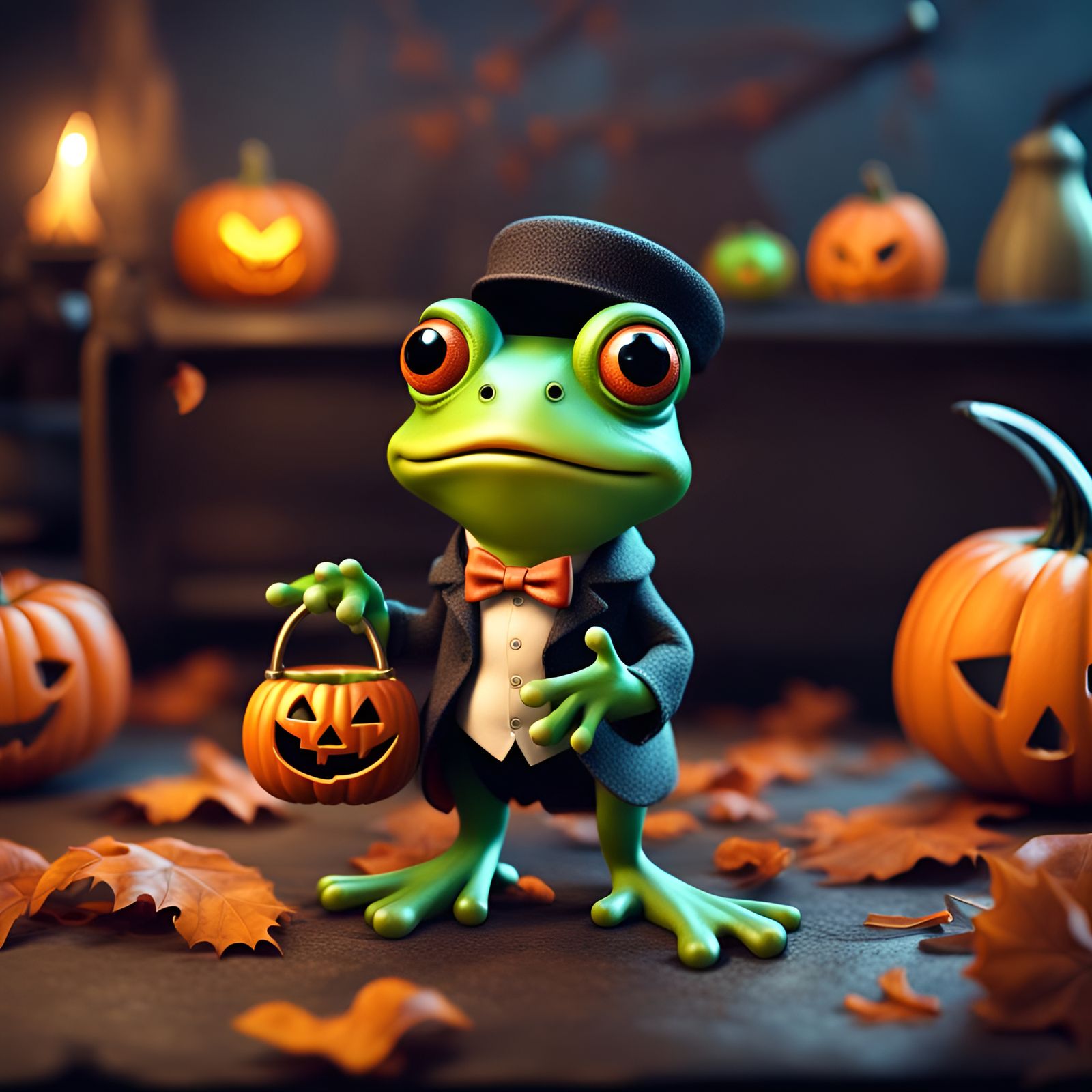 Cute Frog Choosing Halloween Costume, Detailed Matte Paintin...