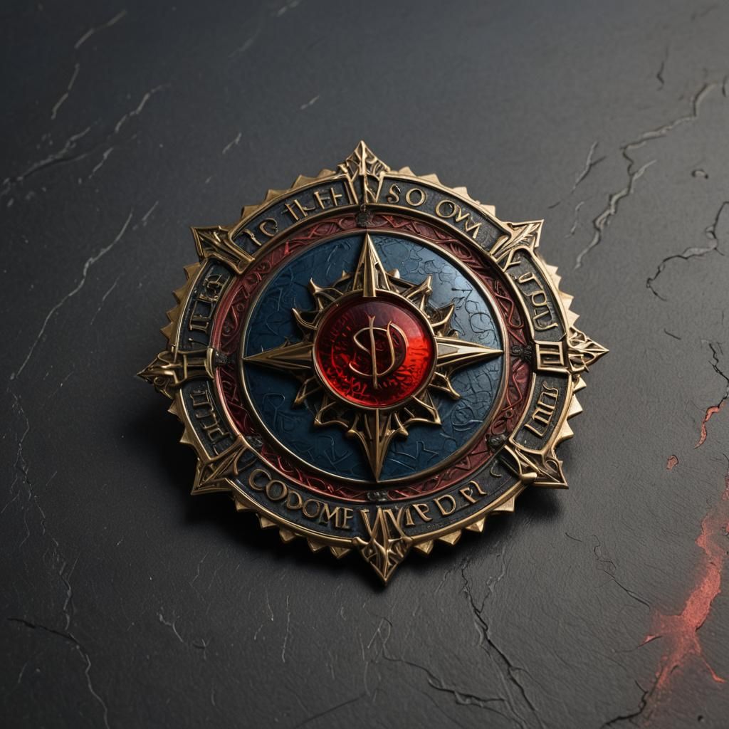 Dark Fantasy Steel Badge with Fiery Accents