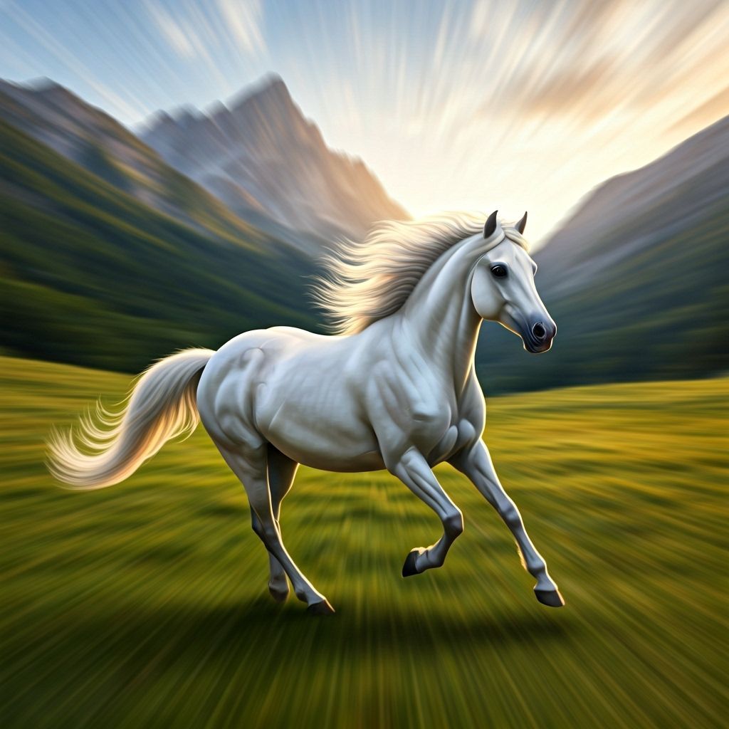 White Pony Gallops in Golden Hour Meadow with Motion Blur