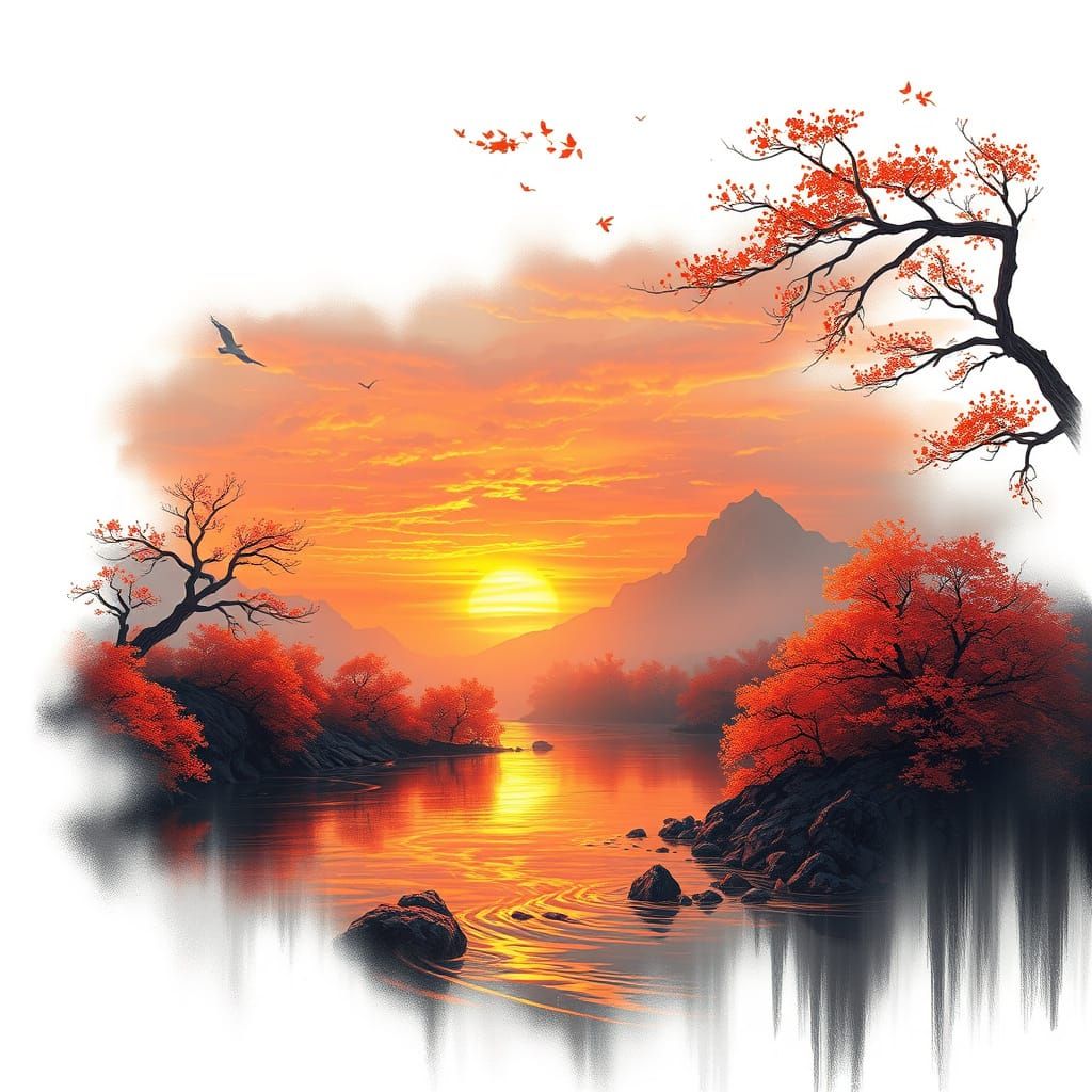 Surreal Sunset on a River Bend in Digital Art