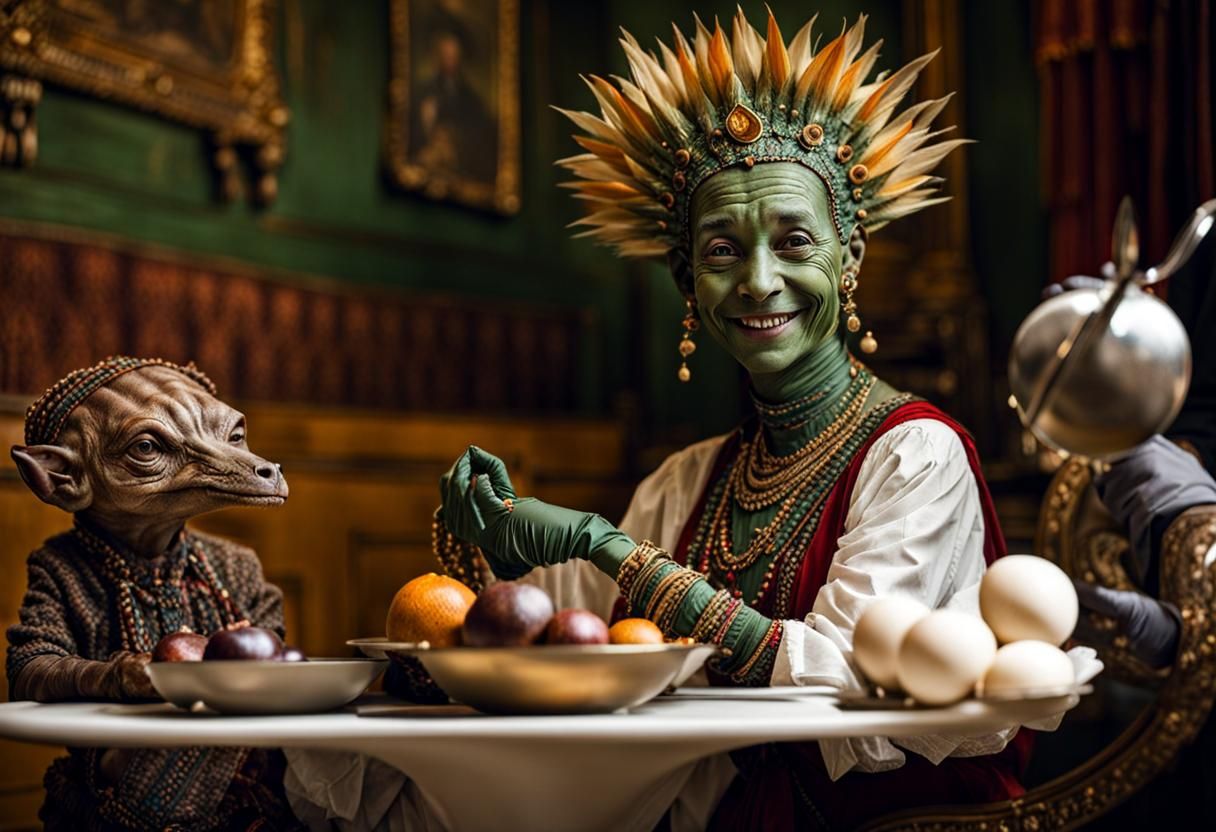 Surreal Restaurant Scene with Exotic Aliens