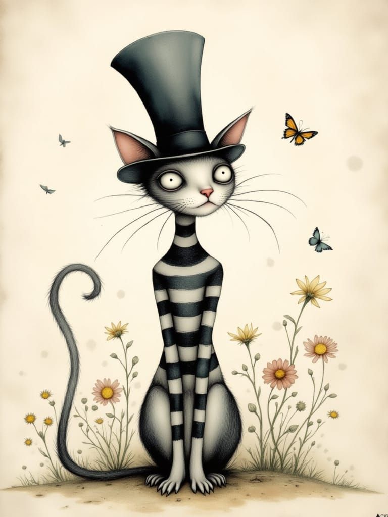Striped Cat in Top Hat: Whimsical Storybook Illustration
