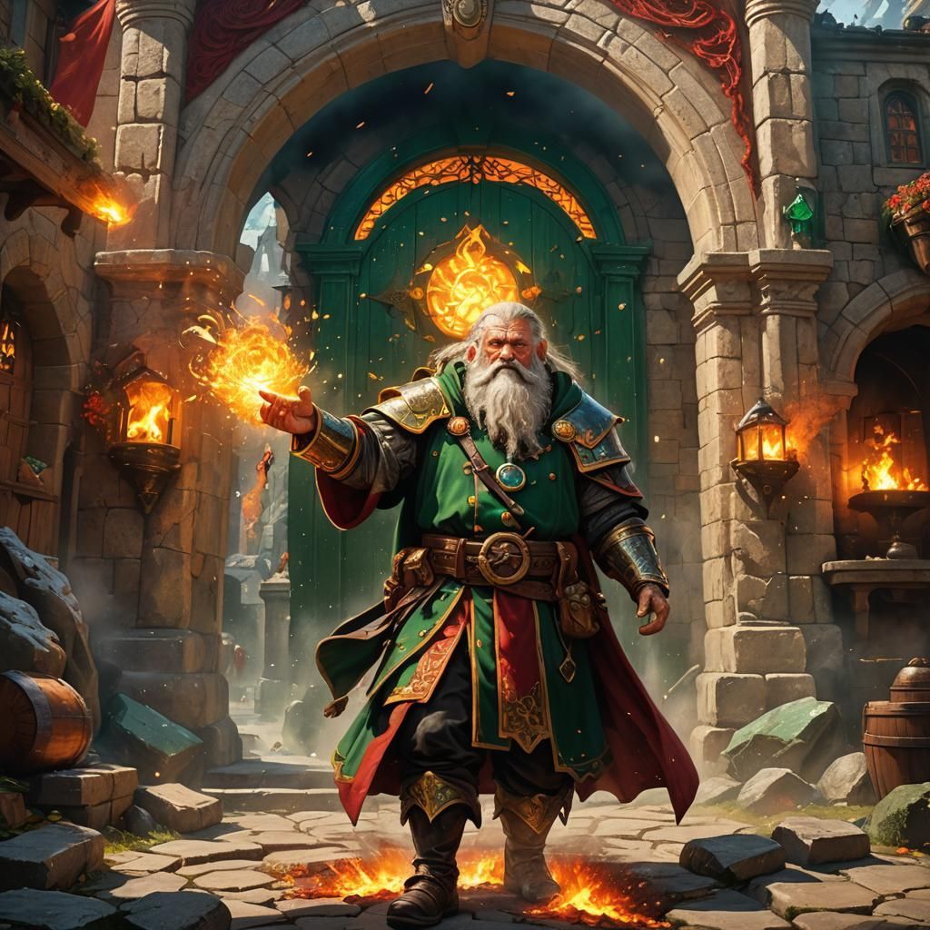 Dwarven Priest Summons Fiery Magic Portal