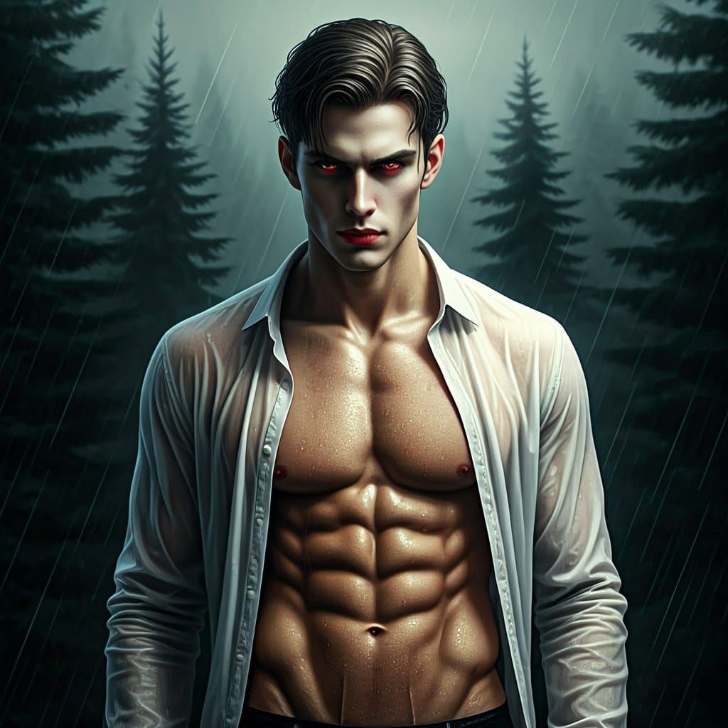 Gothic Vampire in Misty Forest: Hyperrealistic Digital Art