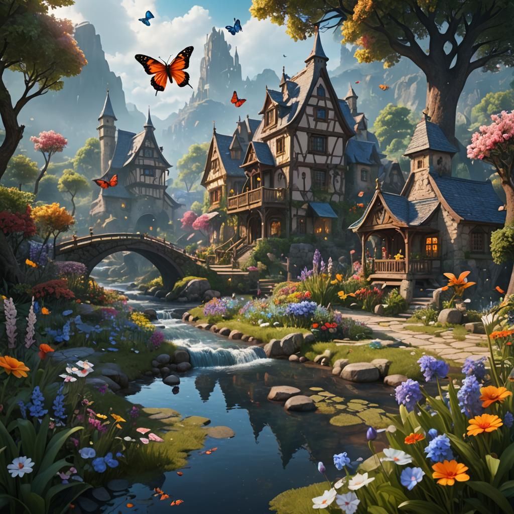 Magical Town with Butterflies: Matte Painting