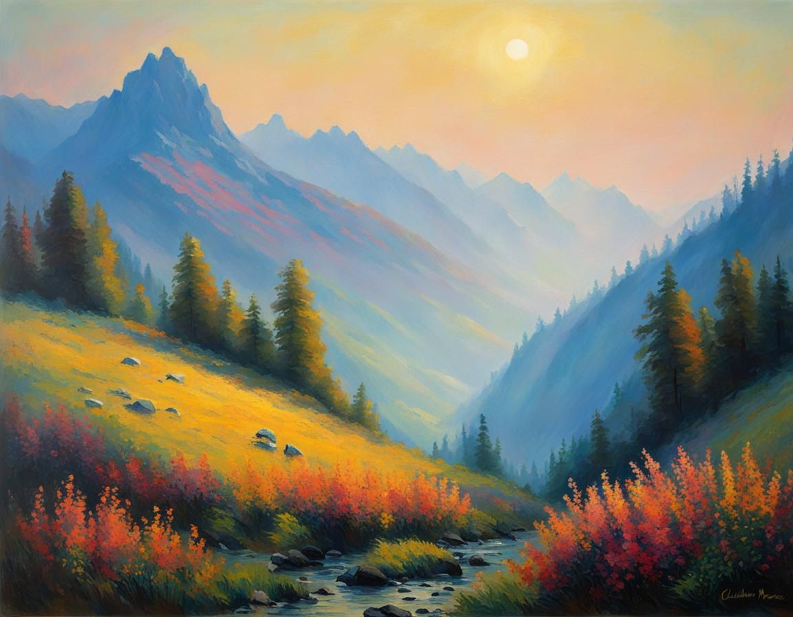 Misty Mountain Landscape in Impressionist Style