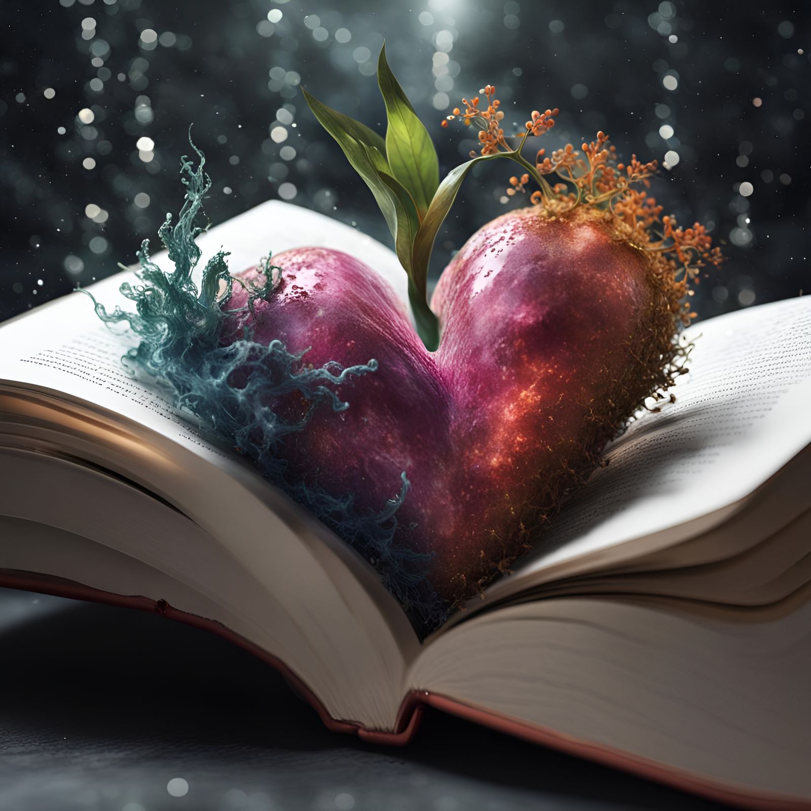 Magical Plant with Heart Fruit Growing from Book