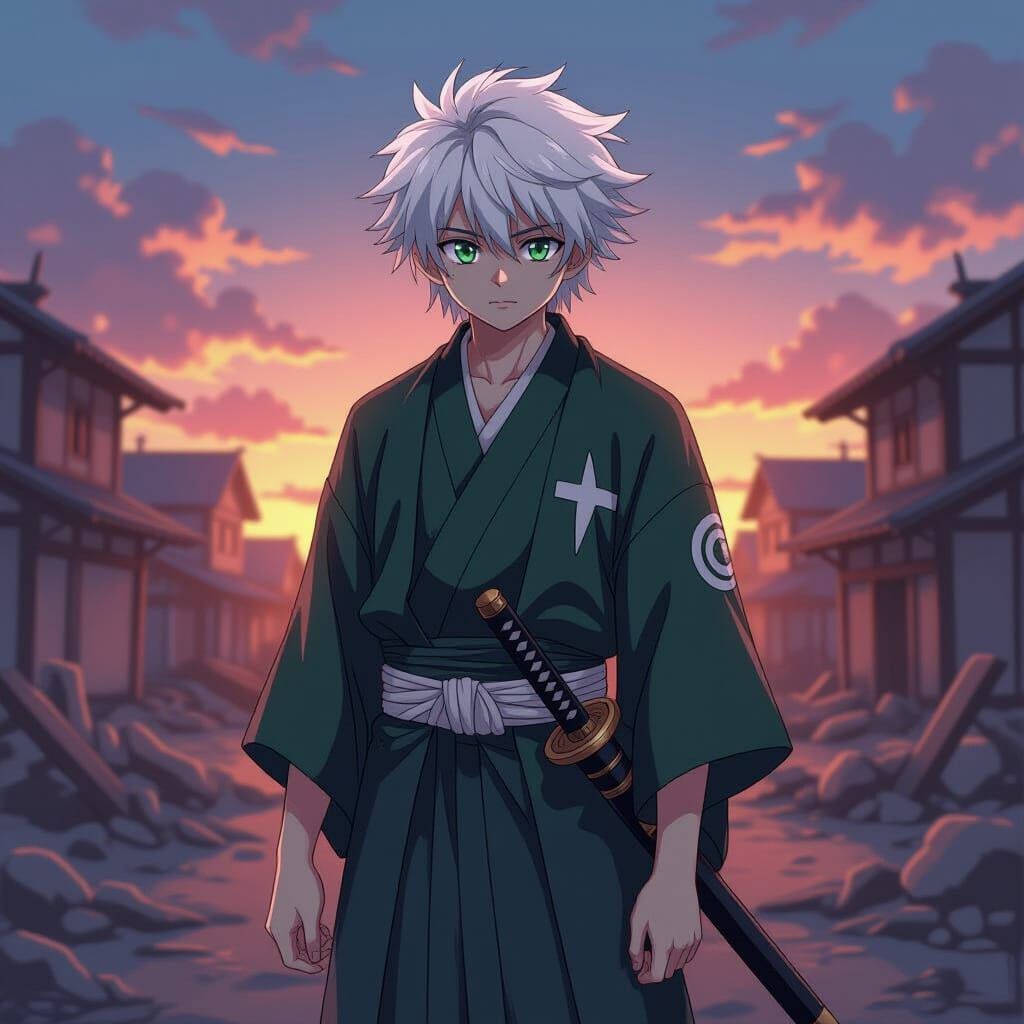 Anime Boy in Kimono at Sunrise Village Ruins