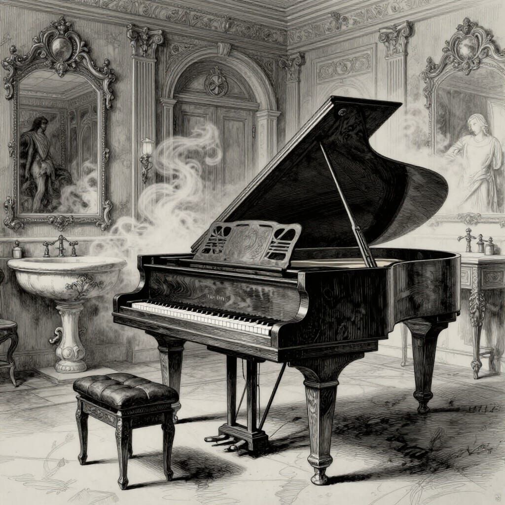 Baroque Piano in Dreamlike Bathroom Scene