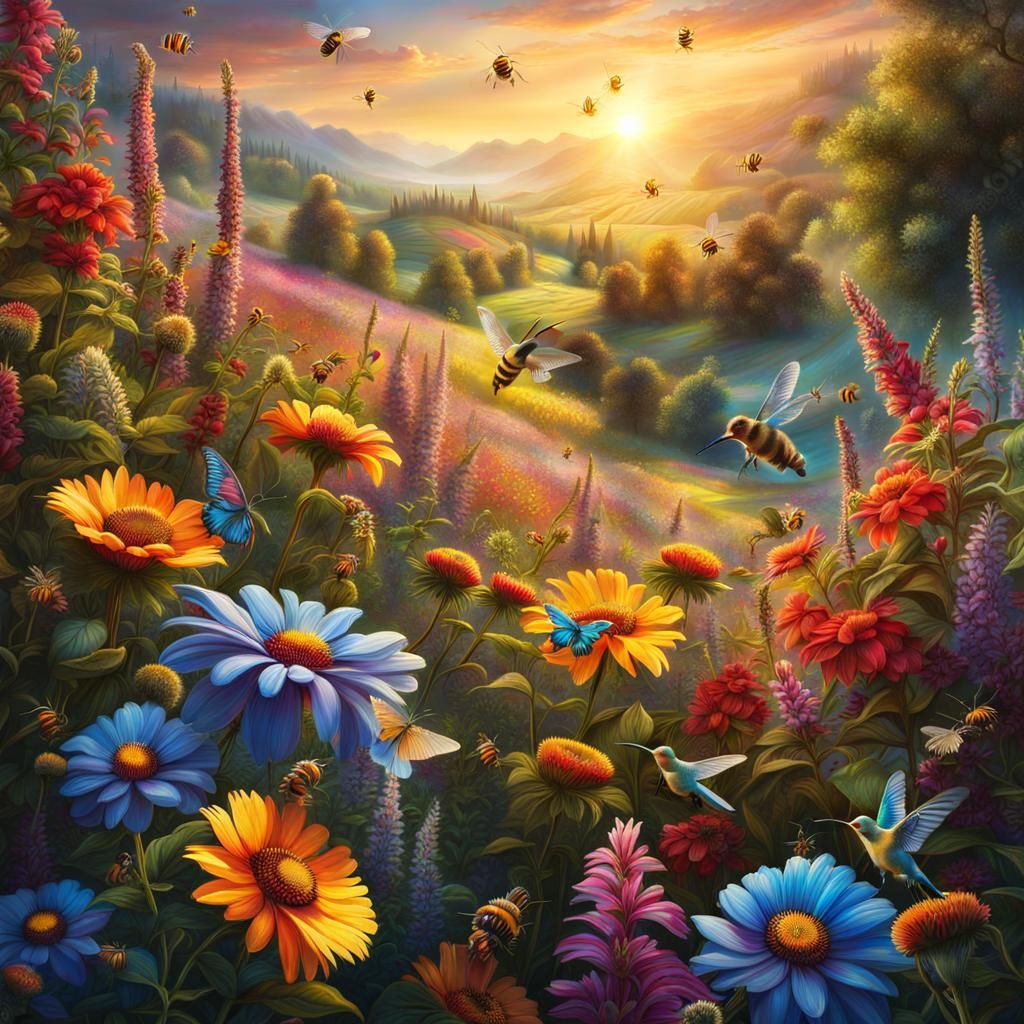 Vibrant Wild Meadow at Sunrise: Matte Painting