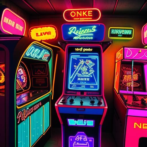 Vibrant Neon Arcade Scene from the 1980s