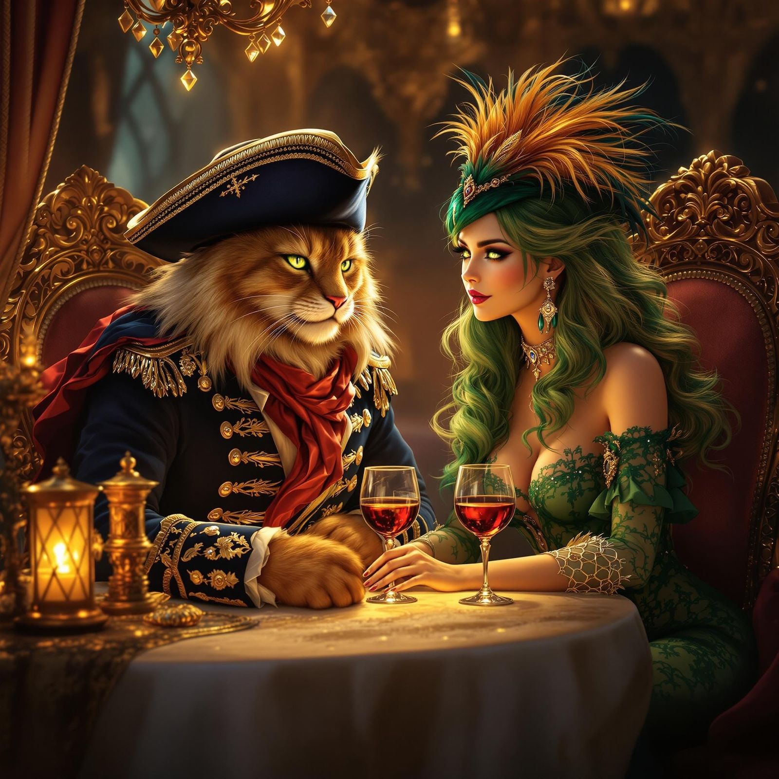 Regal Feline Pirate and Sorceress Enjoy a Golden Evening