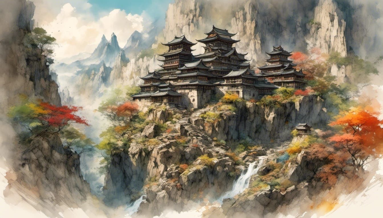 Fantastical Japanese Castle Panorama in Vibrant Colors