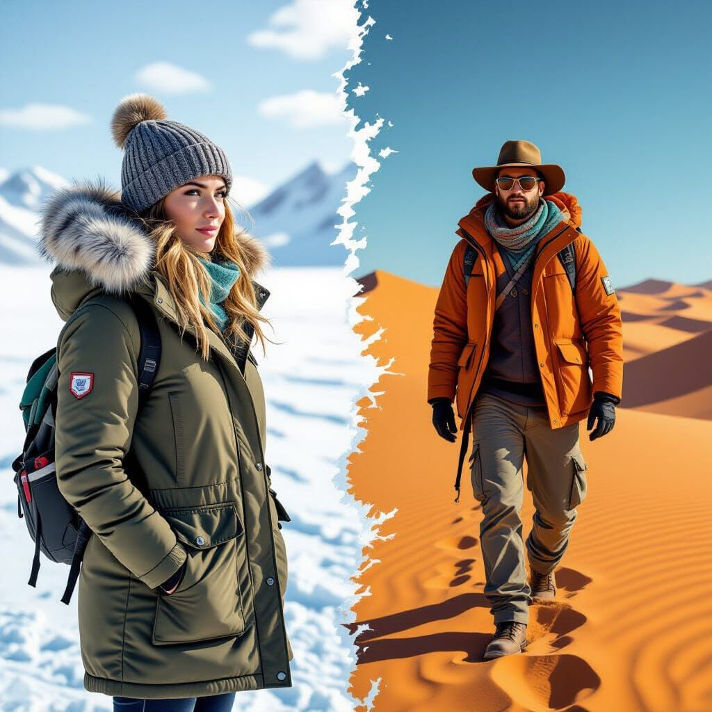 Woman in Tundra Meets Man in Desert - Split Image