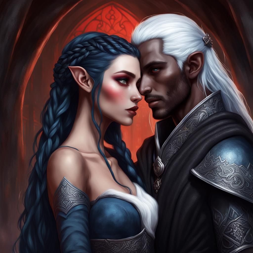 Half-Elf and Drow Elf Kiss: Fantasy Concept Art